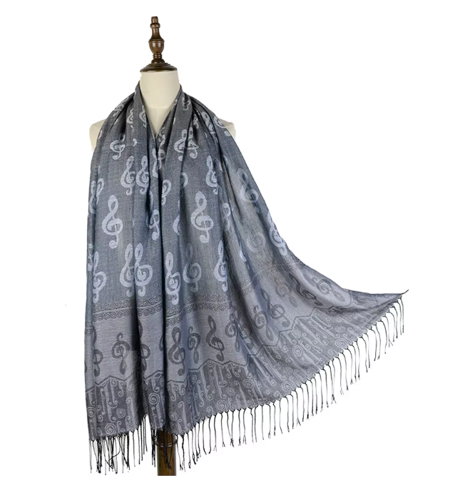 Satin Silver Pashmina Scarf with Treble Clefs